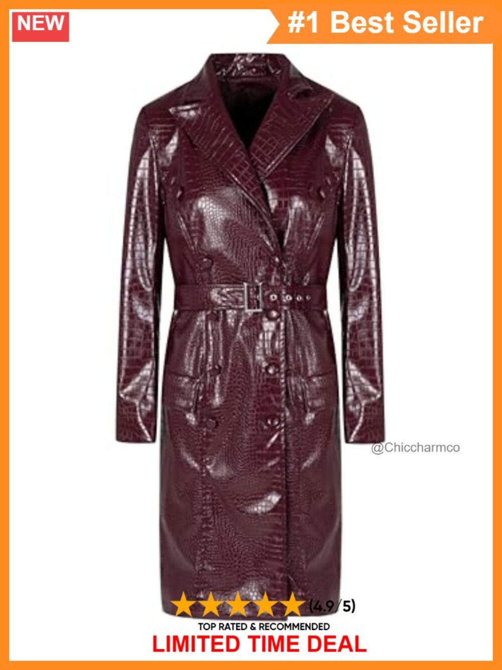 Faux Leather Trench Coat Belted Knee Length Notch Lapel Women's